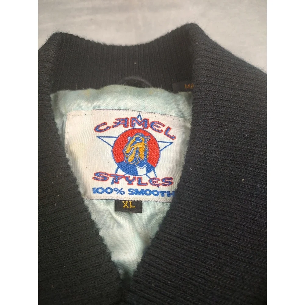 Camel Styles Leather Bomber Jacket Mens‎ XL Black Suede Baseball Varsity